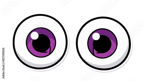 Pair of Cartoonish Purple Eyes with White Sclera and Black Pupils on a Black Background Simple Graphic Illustration