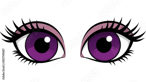 Pair of Realistic Purple Eyes with Pink Eyelashes Detailed Iris and Pupil Against a Black Background Minimalist Graphic Illustration