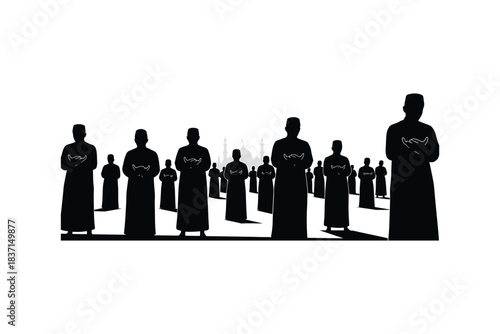 Silhouettes of men in traditional attire standing in a line