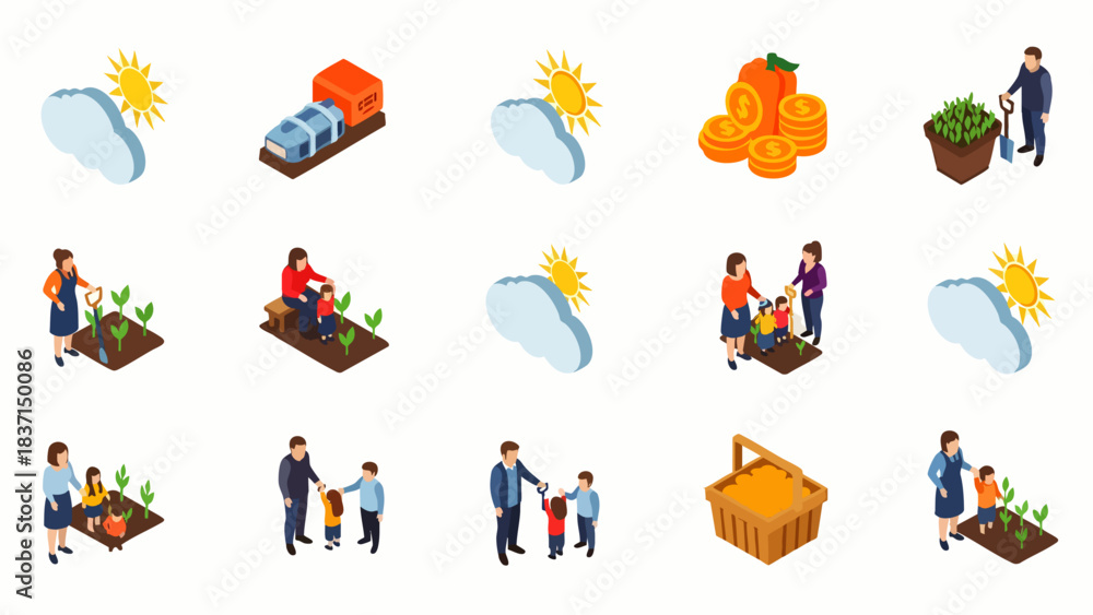 Fototapeta premium This isometric illustration set beautifully captures the essence of sustainable agriculture, family gardening, economic growth, and community collaboration.