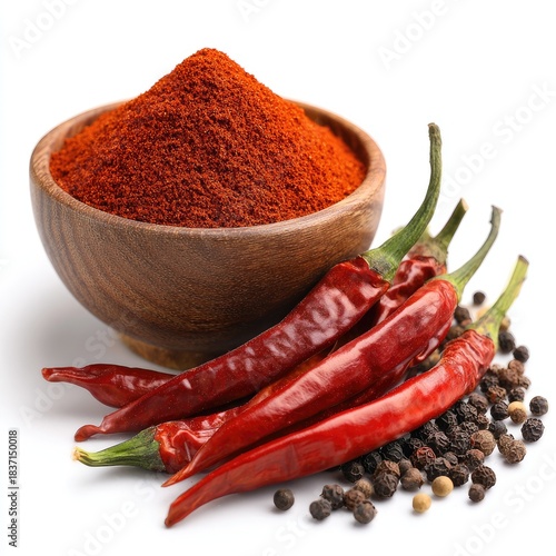 Vibrant chili powder piled in a wooden bowl surrounded by dried red chili peppers and black peppercorns on white