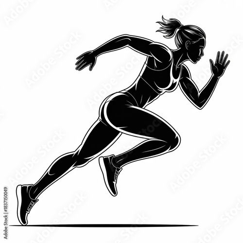 Minimal kinetic runner silhouette, black contour of athletic female sprinter mid-stride, bestseller vector-ready motion outline, commercial-safe, trending fitness illustration, crisp white background.