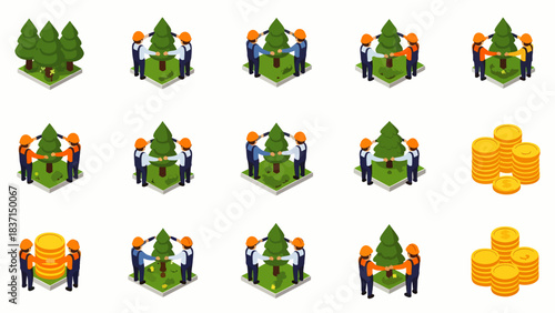 This isometric set illustrates environmental protection, sustainable growth, collaborative tree planting, and financial investment in a green economy.