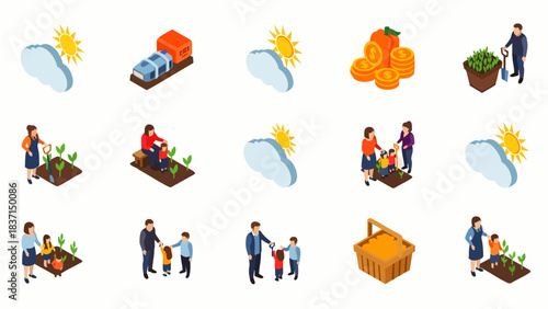 This isometric illustration set beautifully captures the essence of sustainable agriculture, family gardening, economic growth, and community collaboration.