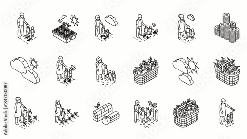 A comprehensive set of minimalist isometric line icons representing environmental conservation, sustainable development, and ecological responsibility concepts.