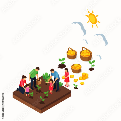 A family plants saplings, symbolizing the diligent process of nurturing long-term financial investments to cultivate future wealth and ensure prosperity.