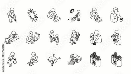 This diverse set of isometric line art icons visually represents essential medical services, patient interactions, and healthcare professionals.