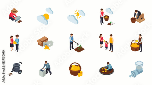 A vibrant isometric icon collection depicting various gardening, farming, and agricultural processes, ideal for sustainable lifestyle and environmental design projects.