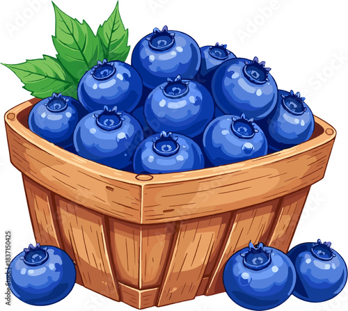 Fresh blueberries illustration in a wooden basket, perfect for food packaging, farmers market themes, recipe designs, and healthy eating visuals