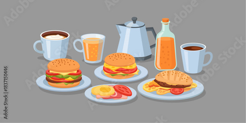 Flat Breakfast and Burger Set Illustration with Coffee and Juice – Modern Food Vector