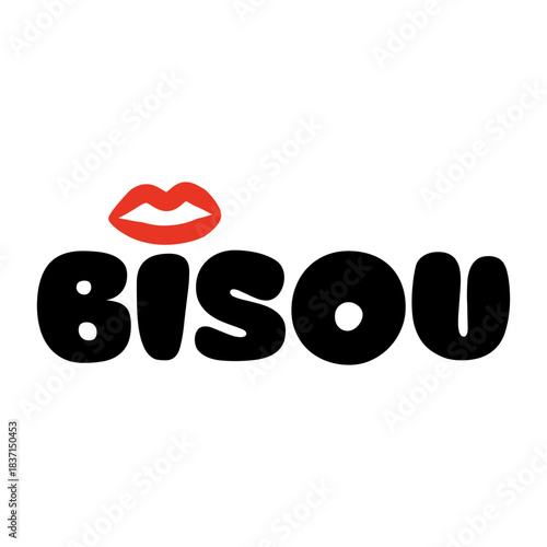 Minimal bisou (French is kiss) typography logo with red lips icon in modern black and white style. Suitable for beauty branding, fashion prints, stickers, cosmetics packaging, and social media design.