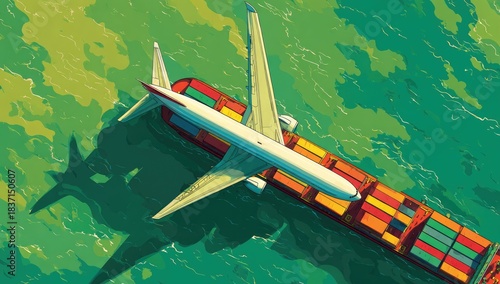 An aerial view showing a plane seemingly atop a container ship in a green and blue sea illustration