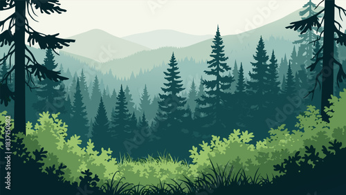 Serene layered forest landscape with misty mountains in the distance, a tranquil outdoor scene depicting a beautiful wilderness park with tall pine trees and lush green foliage