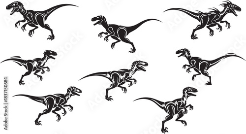 Fierce Tribal Velociraptor Dinosaur Hunter Vector Tattoo Set