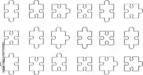 Minimalist Outline Puzzle Pieces — Blank Vector Elements with Unique Interlocking Edges, Isolated on White — For Education, Branding, Logos, and Game Design — Editable Template