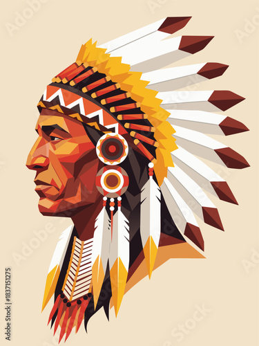 Profile of a Native American Chief adorned with a traditional feathered headdress, depicting cultural heritage