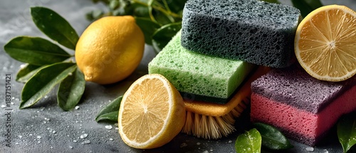 Cleaning supplies concept features colorful sponges, fresh lemon halves, and green leaves arranged on a gray background with bright lighting.