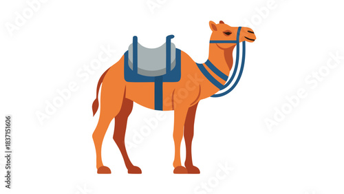 Pixel Art Camel Illustration with Saddle and Bridle on Black Background Desert Animal Transportation Icon Vector Graphic