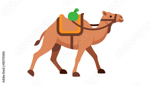 Pixel Art Camel With Green Saddle Bag Walking Across Black Background With Brown Legs And Saddle And Bridle