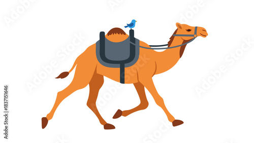 Pixel Art Camel with Saddle and Bird Silhouette on Black Background Desert Transportation Style