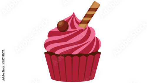 Pink Frosted Cupcake with Chocolate Ball and Wafer Stick on Dark Background Delicious Dessert Treat
