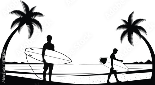 Silhouettes of surfers with surfboards standing under palm trees on a tropical beach at sunset