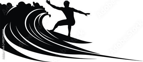 Silhouette of a surfer riding a large crashing wave with a dynamic and energetic motion