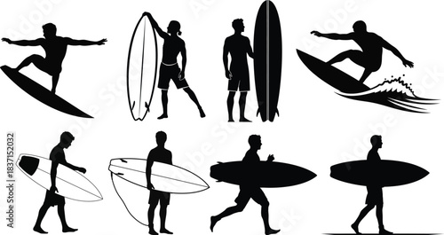 Collection of silhouette surfers with surfboards in dynamic poses and actions on a white background