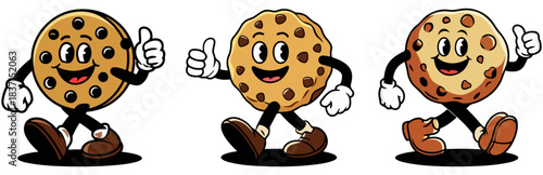 Cute Cartoon Cookie Character Vector Set with Chocolate Chip Mascot Walking and Giving Thumbs Up Isolated on White Background for Bakery Branding and Fun Illustration Designs.