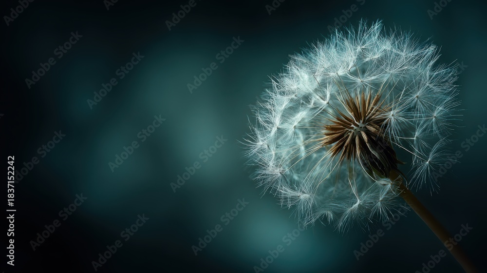 Fototapeta premium Delicate dandelion seed head illuminated against a moody dark teal background