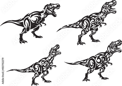 Fierce Tribal T-Rex Tyrannosaurus Rex Dinosaur Vector Tattoo Set