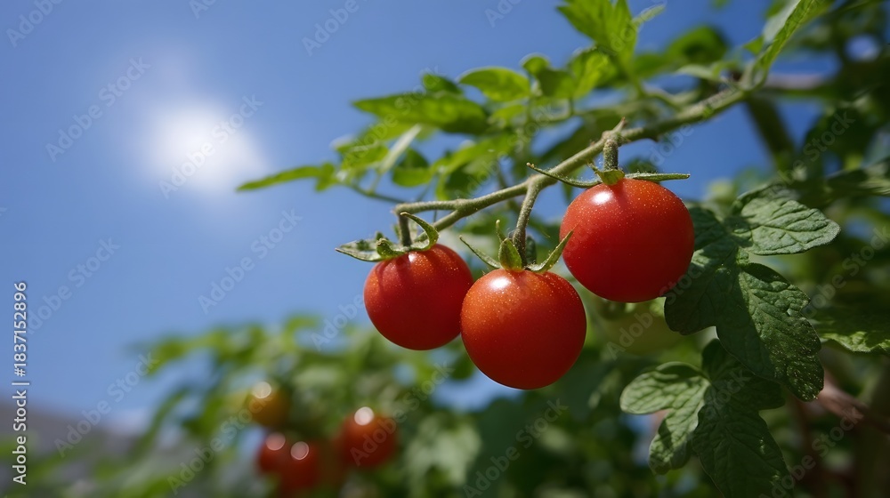 Obraz premium Ripe cherry tomatoes hanging from a vine under a bright blue sky with the sun shining