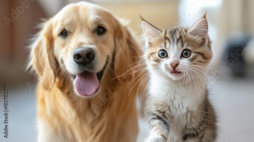 Golden retriever and tabby kitten posing together creating a heartwarming friendship scene indoors