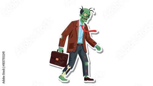 Pixel Art Cartoon Zombie Businessman in Brown Suit and Red Tie Walking with Briefcase Scary Undead Creature with Green Skin and Tattered Clothes on Black Background Spooky Halloween Character
