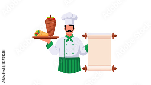 Pixel Art Chef Holding A Platter With Shawarma And Gyro Alongside A Blank Menu Scroll On Black Background