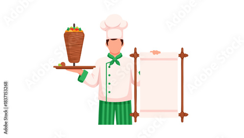 Pixel Art Chef Holding Vertical Rotisserie Meat Skewer Displaying Menu in a White Chef Uniform with Green Accents on a Black Background
