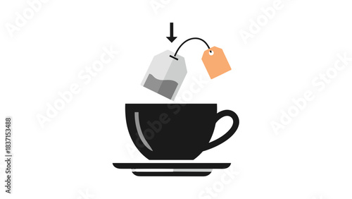 Pixel Art Illustration of a Black Tea Cup With a Tea Bag Being Dropped In Against A Black Background Minimalist Style