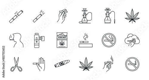 Black and white line icons of cannabis and related products isolated on