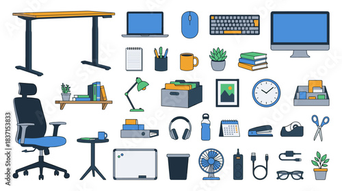 Office and Workspace Vector Icon Sheet File – Modern Desk, Chair, and Stationery Symbols