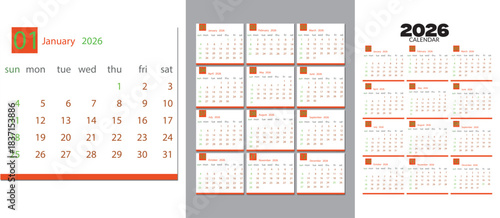 2026 calendar template clipart set. 12 months calendar in minimal lay out clip art collection with days and weekly schedule monthly pages design vector illustration