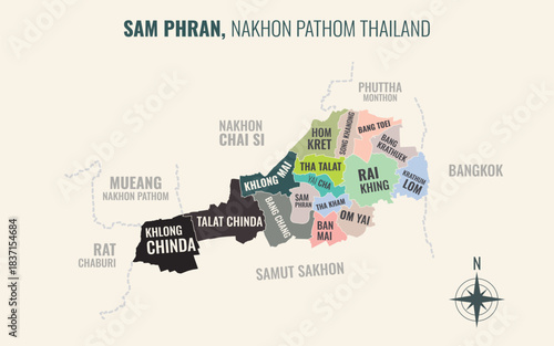 Map showing Sam Phran District Nakhon Pathom Thailand divided into sub-districts with minimalist colorful patterns