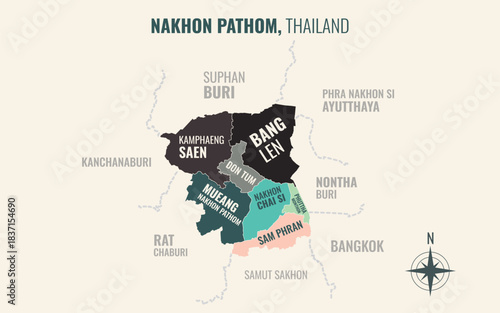A map showing Nakhon Pathom Thailand divided into districts in a minimalist colorful style