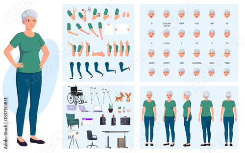 Mature woman character Constructor Elderly Businesswoman Character Creation Set with Movable Joints, Lip-sync, Emotions, Hand Gestures and Accessories Vector Illustration