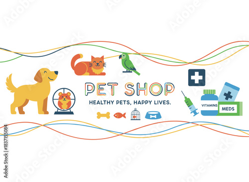 A horizontal banner for a pet shop showcasing animals and medication sales, rendered in colorful line art
