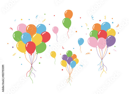 Balloons ascend into the sky, forming festive groups that drift on helium, with bunches tied to strings, serving as birthday party decorations; these flat vector illustrations appear against a white