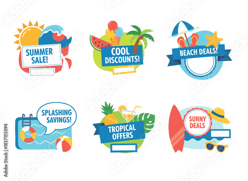 A set of vibrant banner templates featuring summer themes and a text placeholder, rendered as flat cartoon vector illustrations for seasonal sales and discount promotions