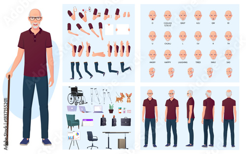 Senior Man wearing Casual Dressing, Elderly Businessman Character Creation Set with Movable Joints, Lip-sync, Emotions, Hand Gestures and Accessories Vector Illustration