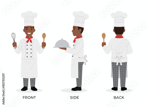 An African American male chef, a certified cook or restaurant worker, depicted in uniform, shown from front, side, and back in a flat vector illustration against a white background