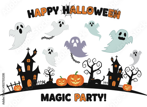 A Halloween card featuring floating, eerie ghosts, an October holiday background template with flying spooks for a kids’ magic party, a Helloween postcard backdrop, and a playful flat vector