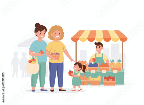 A charming same‑sex couple with their child picks fresh fruit at the market, showcasing a loving lesbian family in a bright, flat vector illustration on a white background